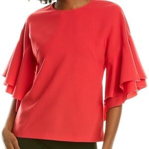 Carolina Herrera Crepe Round Neck Tiered Short Sleeve Blouse Dark Pink